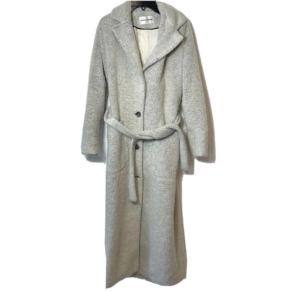 Won Hundred Womens Laura Belted Long Trench Coat Gray 34 Mohair Lined Buttons